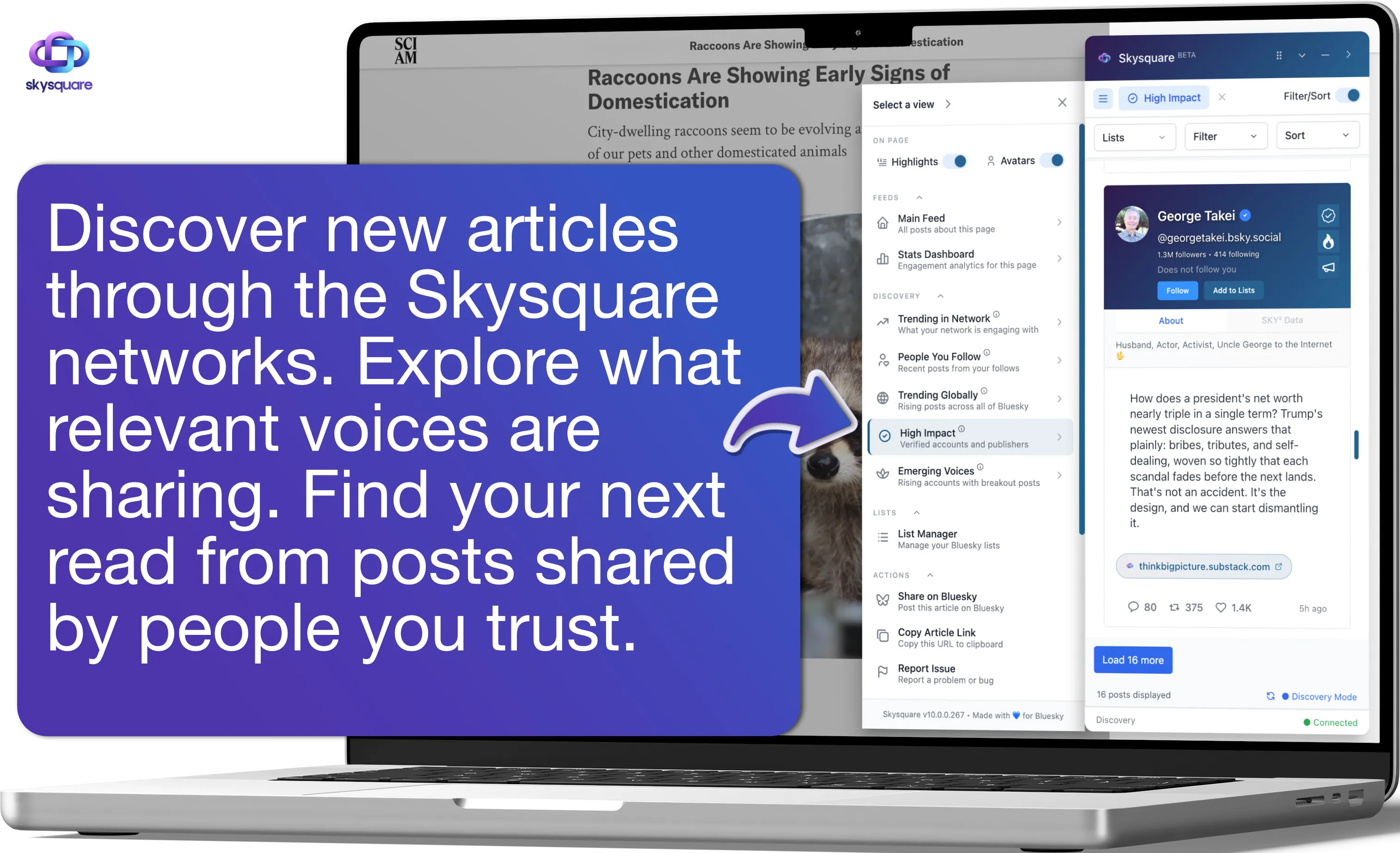 Discovery view surfacing new articles and voices from the Skysquare network