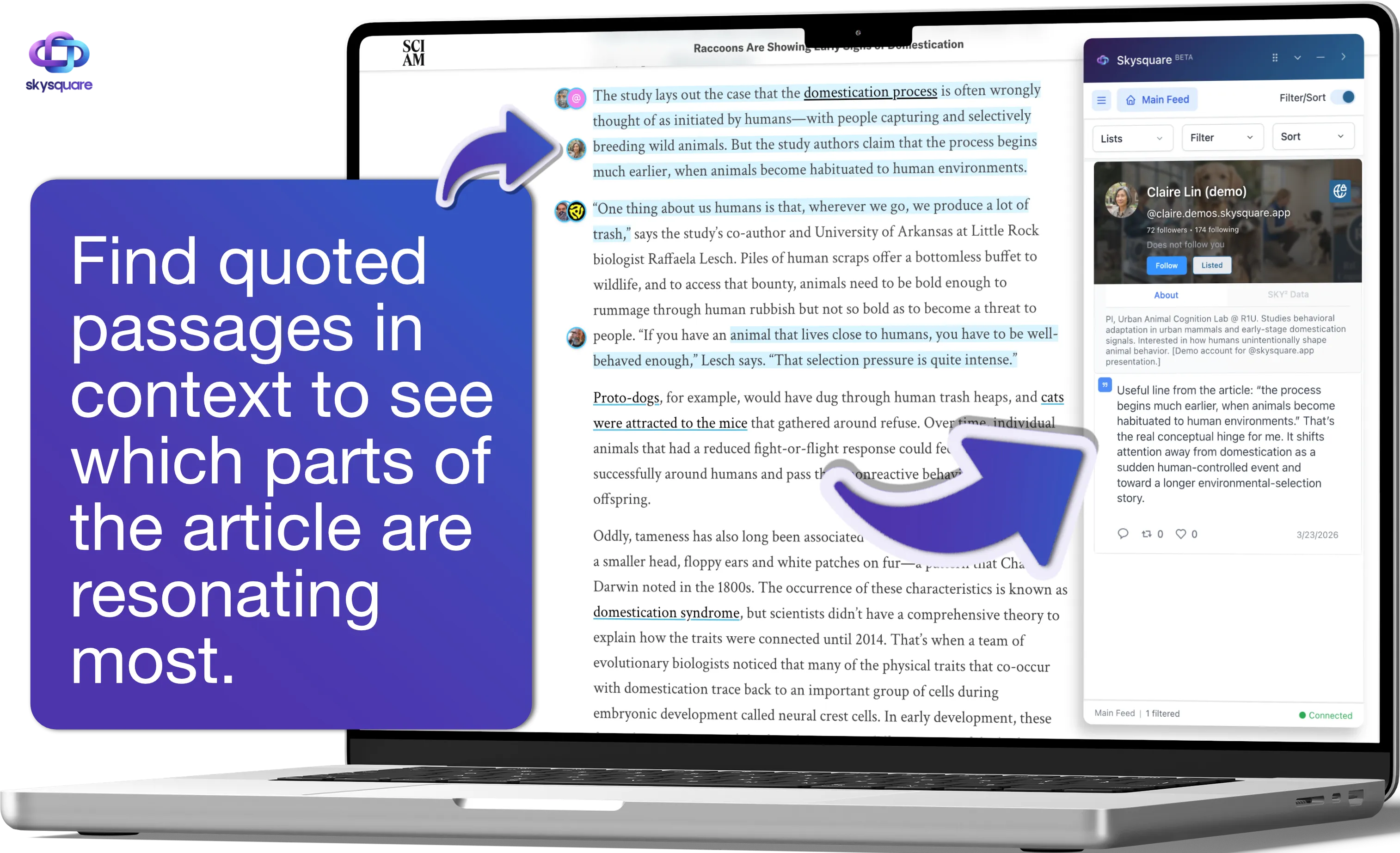 Quoted passages highlighted in an article with related social context